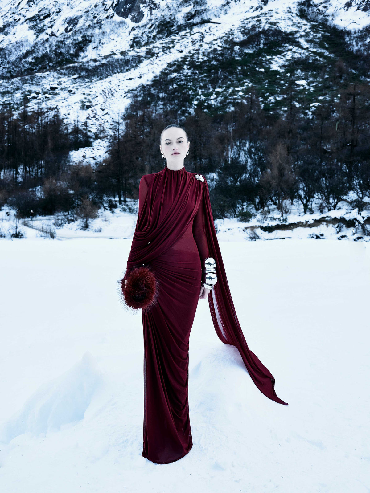 (PRE-ORDER) High-Neck Draped Pleated Dress With Asymmetric Ruched Long Drape