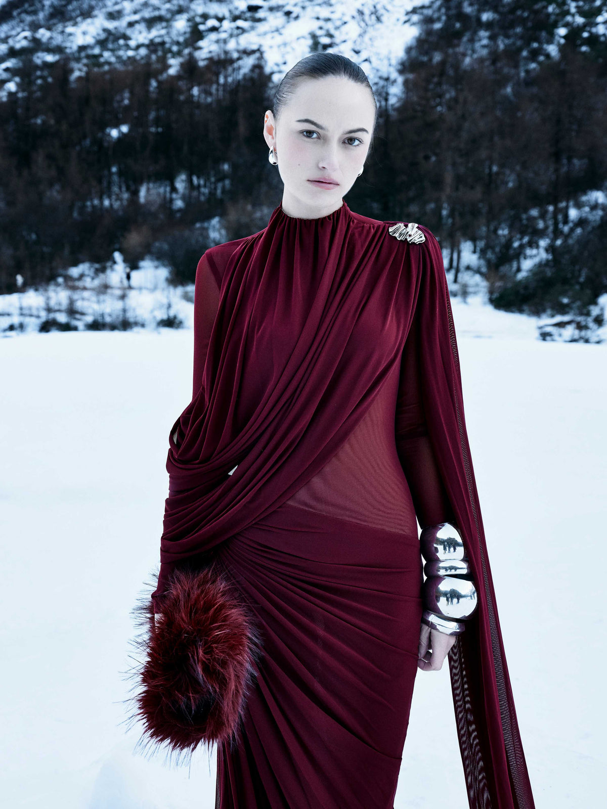(PRE-ORDER) High-Neck Draped Pleated Dress With Asymmetric Ruched Long Drape