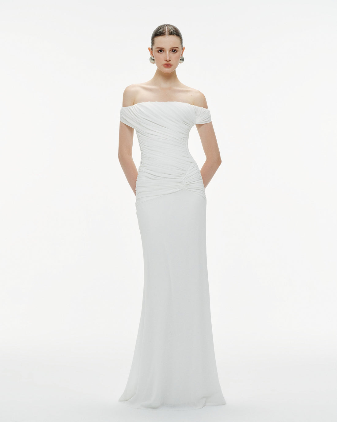 White Off-Shoulder Ruched Knit Dress