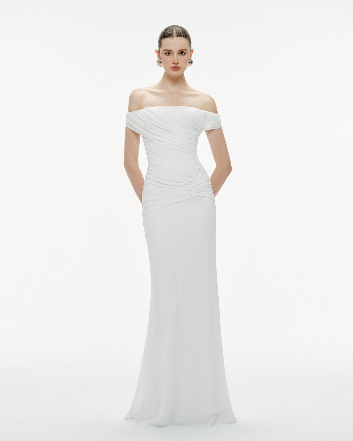 White Off-Shoulder Ruched Knit Dress
