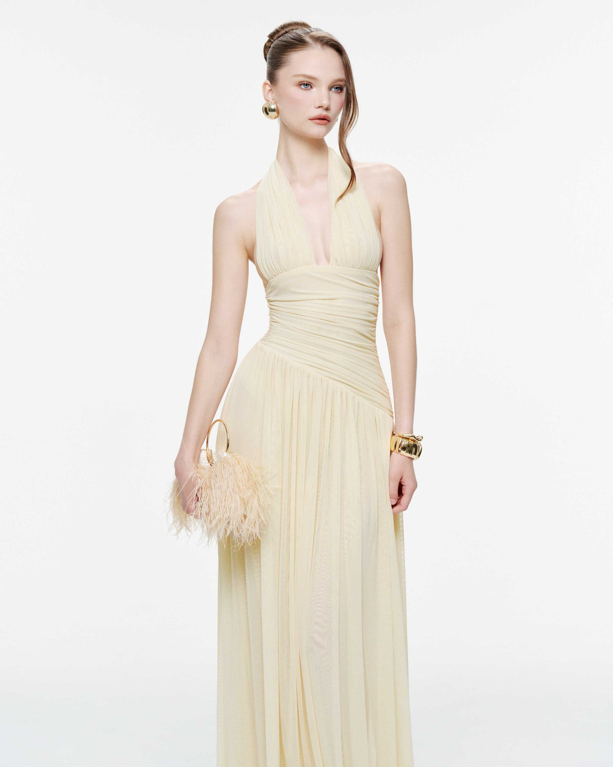 Ruched Stretch Mesh Maxi Dress With Neck Bow
