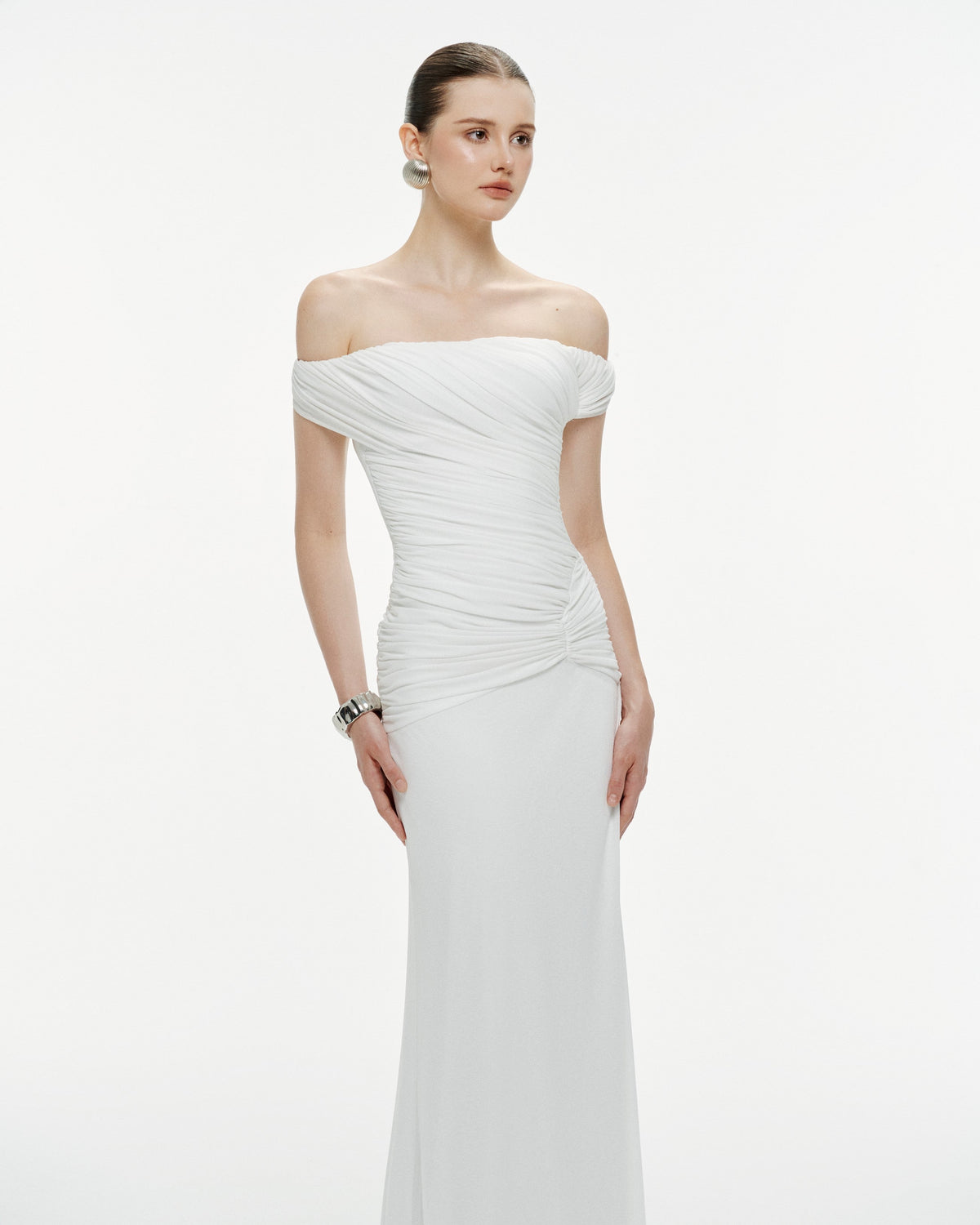 White Off-Shoulder Ruched Knit Dress