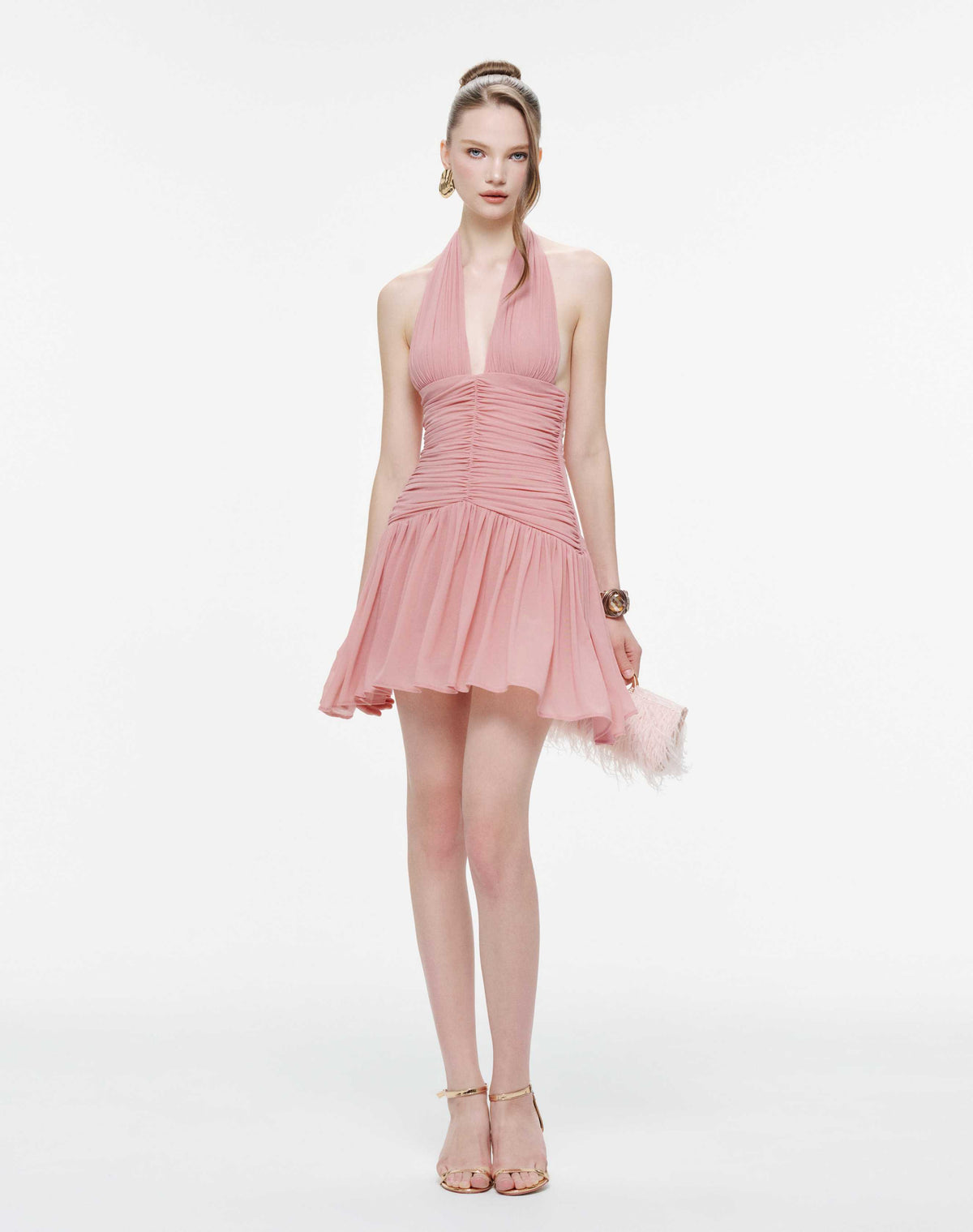Ruched Stretch Mesh Mini Dress With Neck Bow