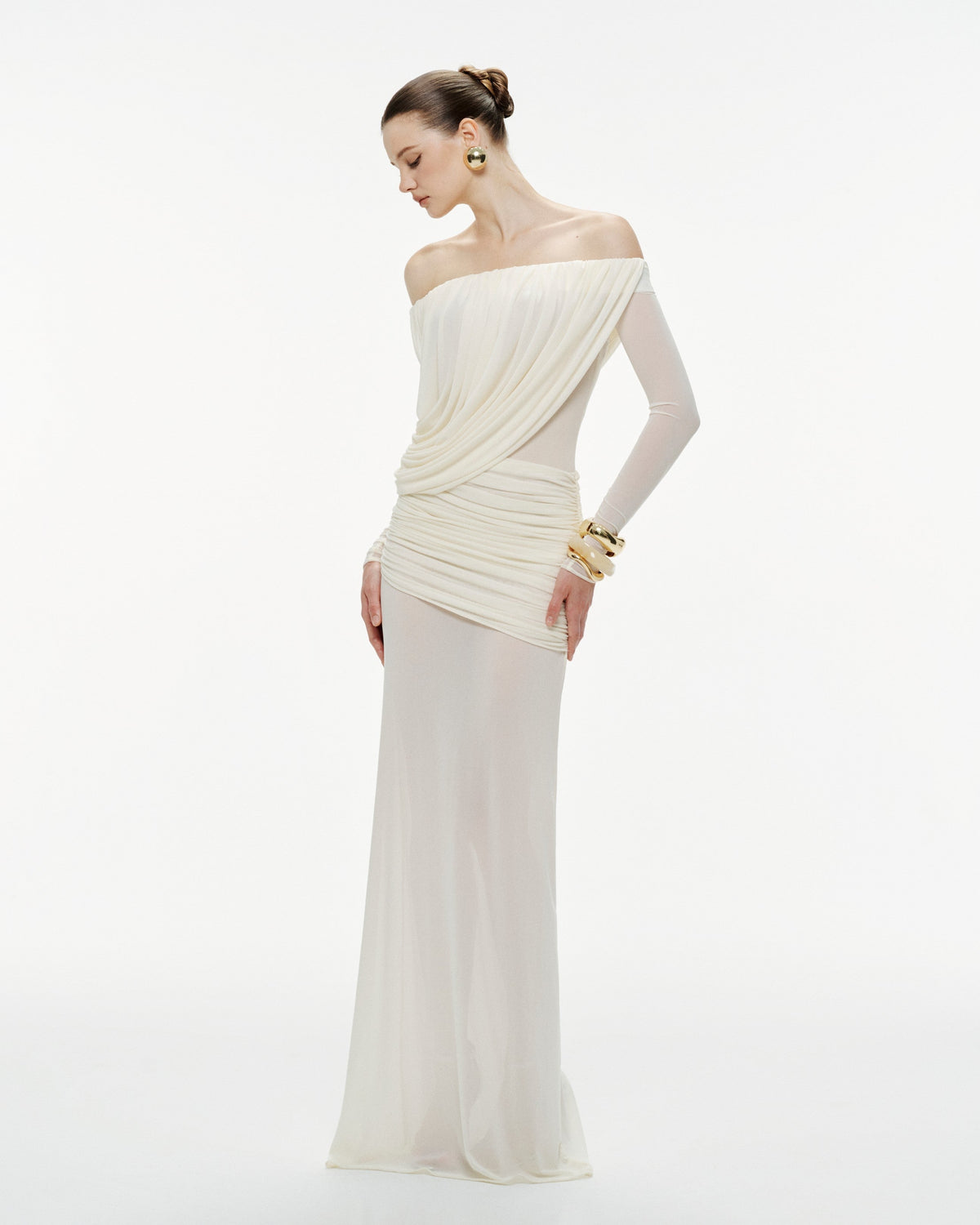 Off-Shoulder Draped Mesh Dress