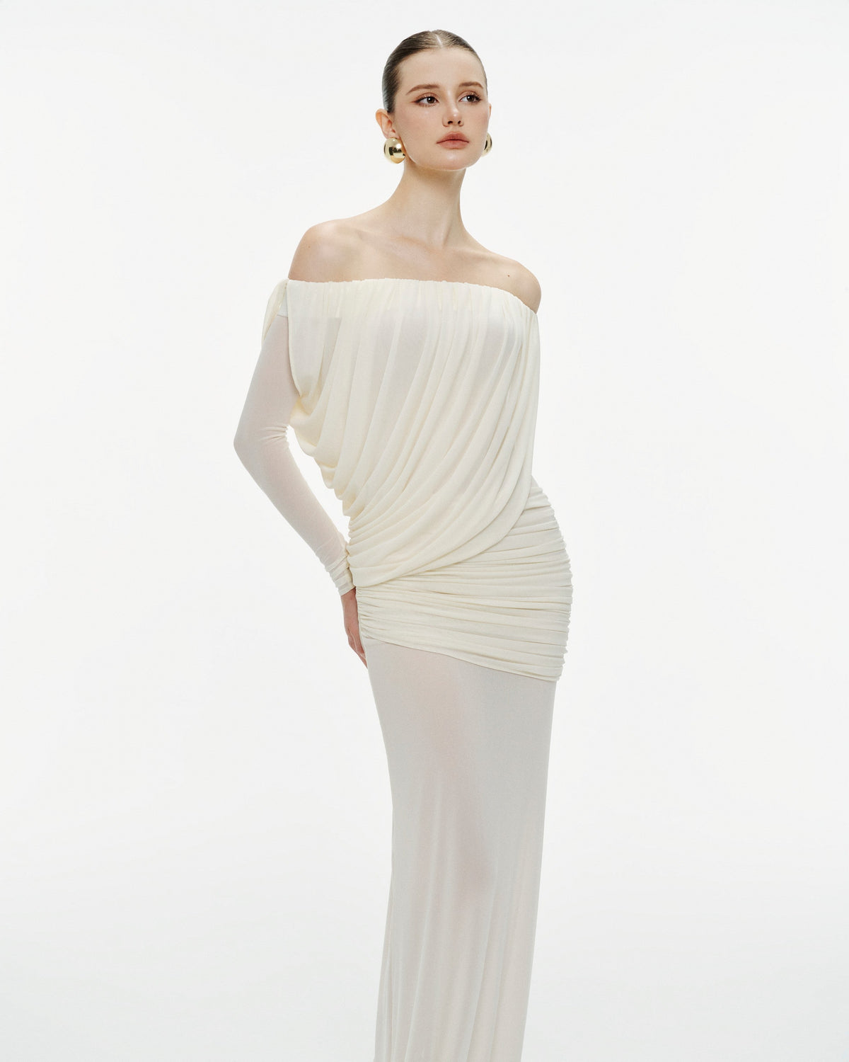 Off-Shoulder Draped Mesh Dress