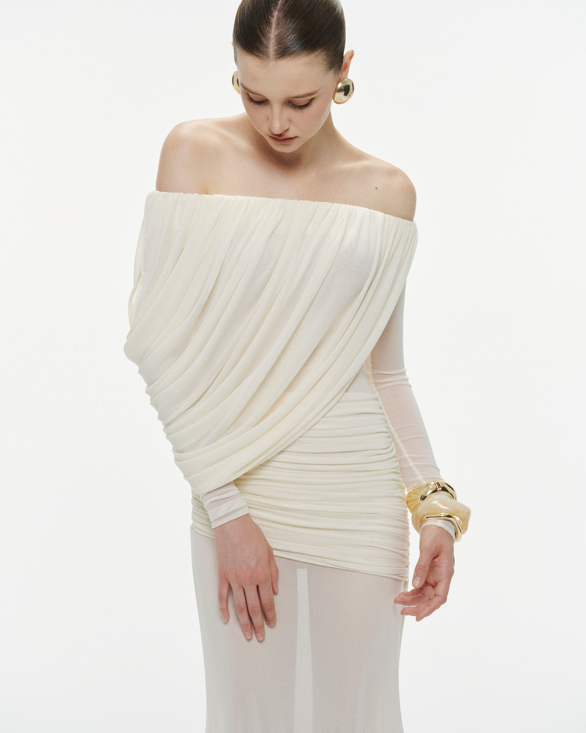 Off-Shoulder Draped Mesh Dress