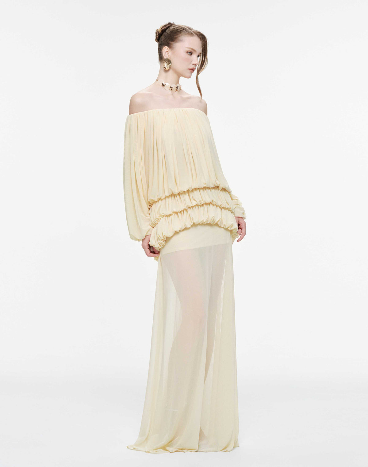 Off-Shoulder Ruched Stretch Mesh Set (Top & Skirt)