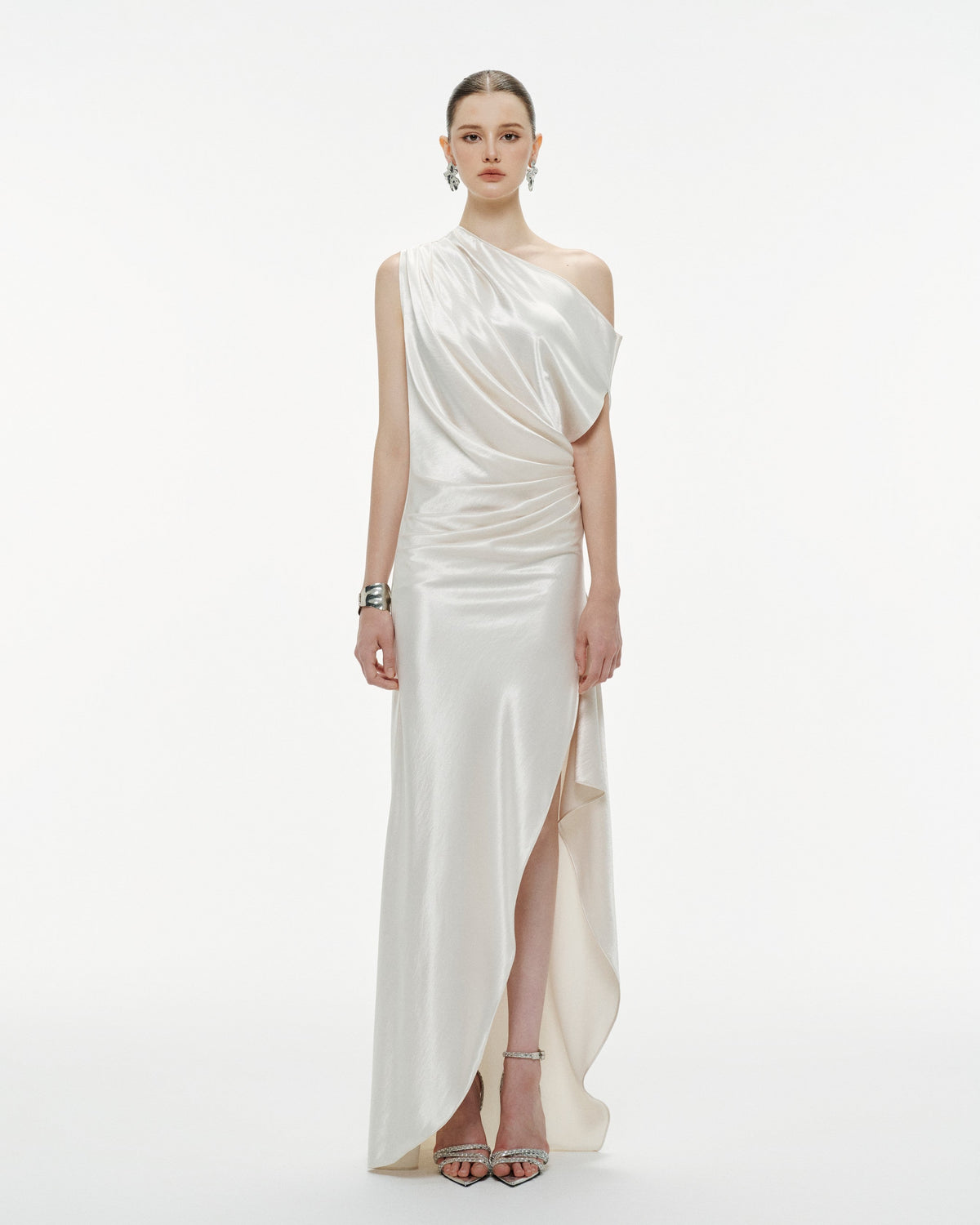(PRE-ORDER) One-Shoulder Pleated Silk Dress