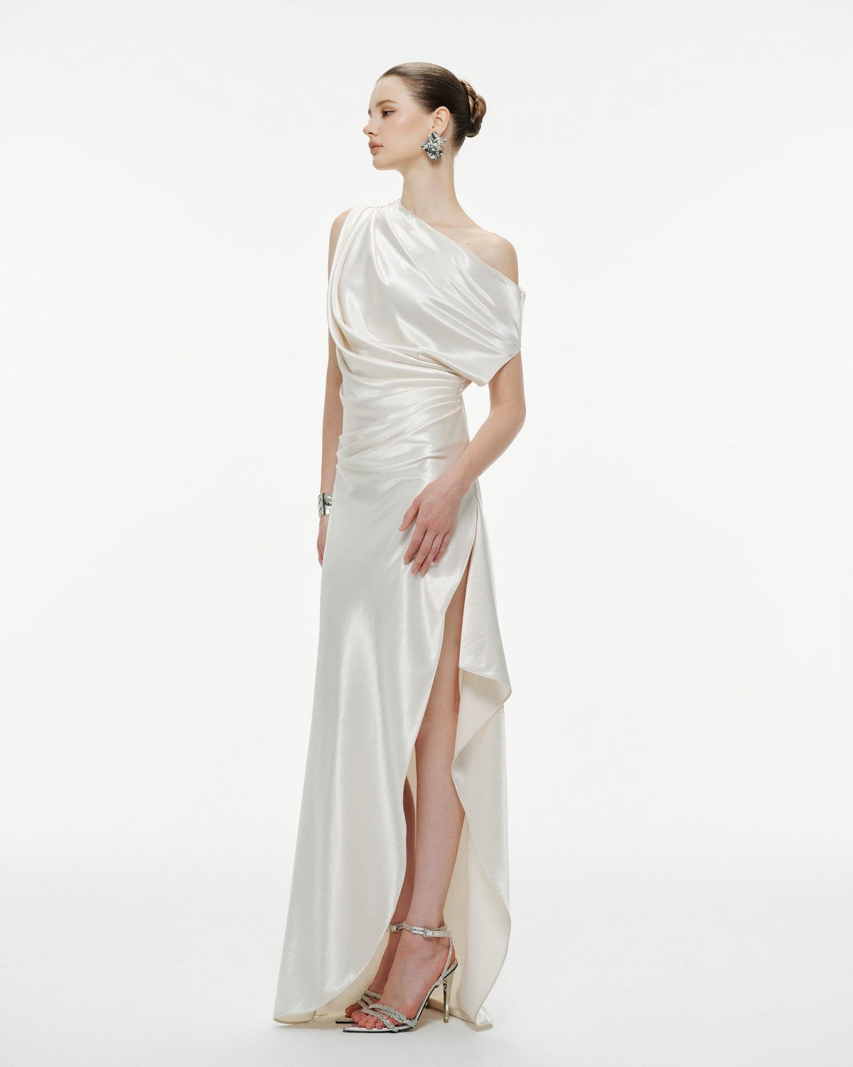 (PRE-ORDER) One-Shoulder Pleated Silk Dress