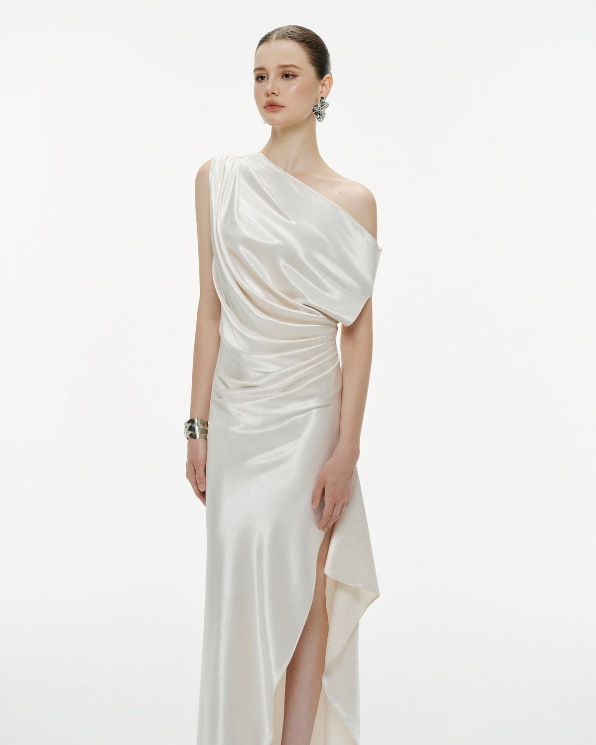 (PRE-ORDER) One-Shoulder Pleated Silk Dress