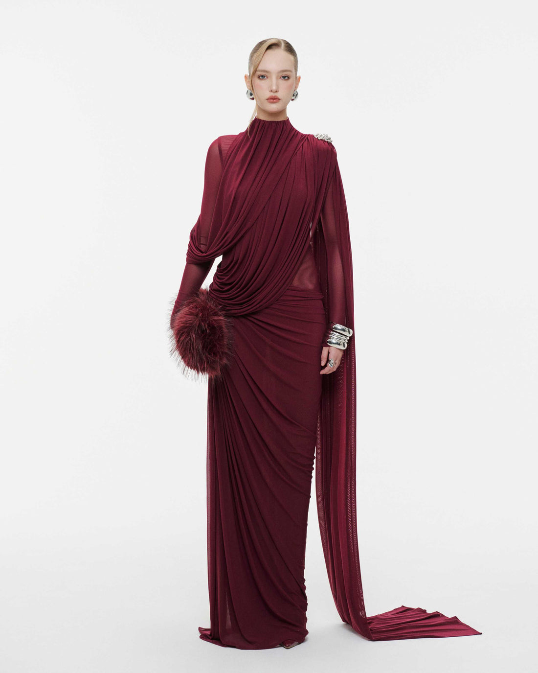 (PRE-ORDER) High-Neck Draped Pleated Dress With Asymmetric Ruched Long Drape