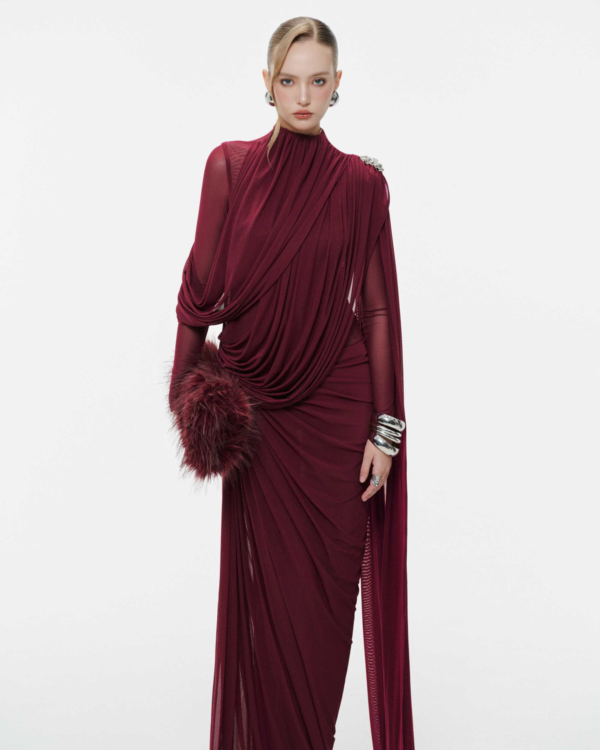 (PRE-ORDER) High-Neck Draped Pleated Dress With Asymmetric Ruched Long Drape
