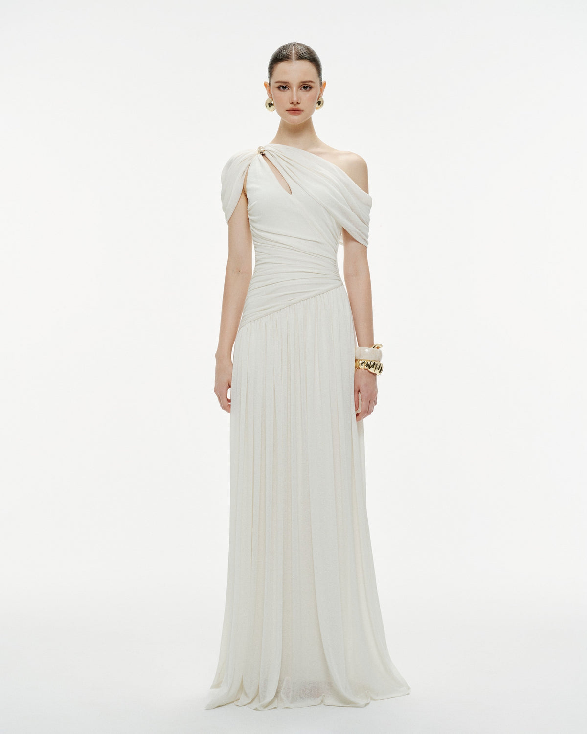 Pleated Draped Shoulder Dress