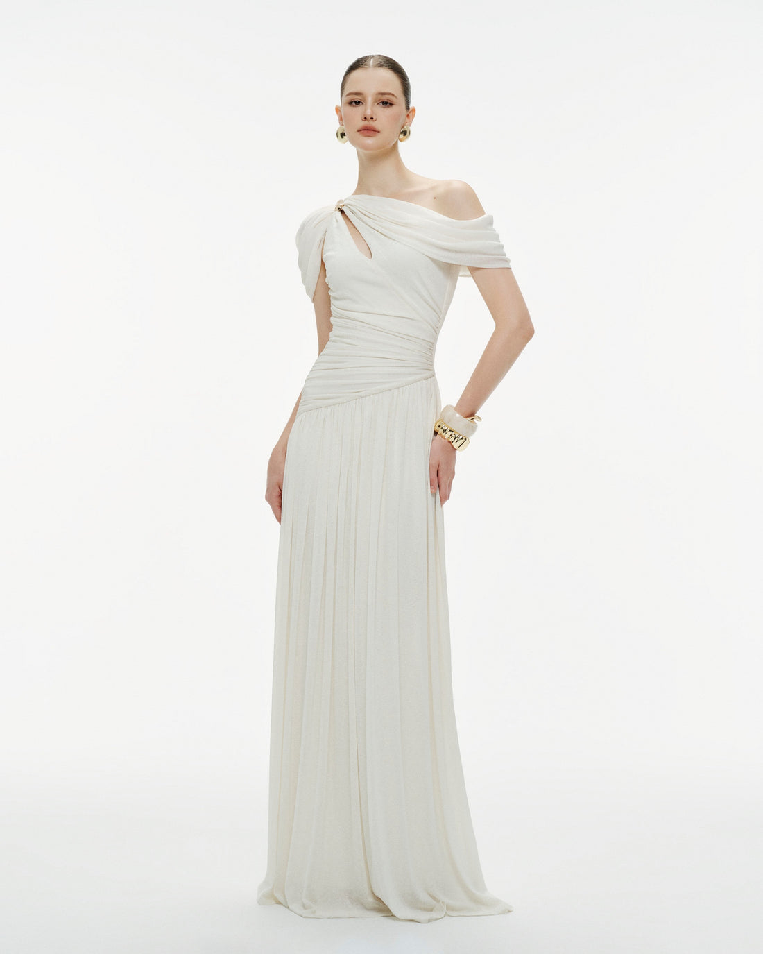 Pleated Draped Shoulder Dress