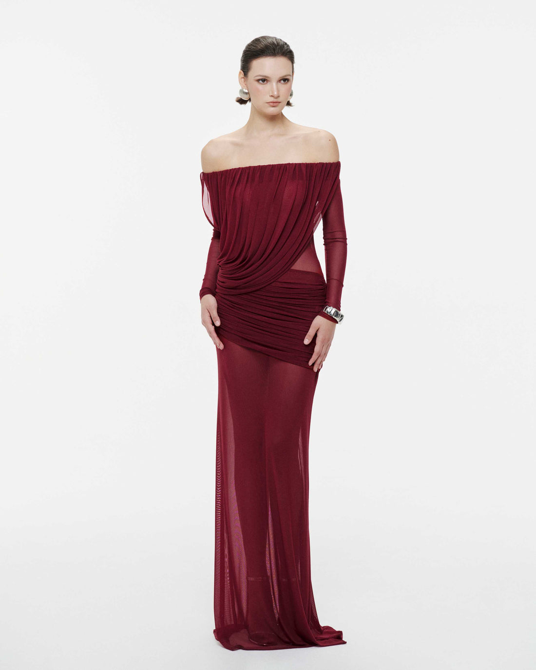 (PRE-ORDER) Off-Shoulder Draped Mesh Dress