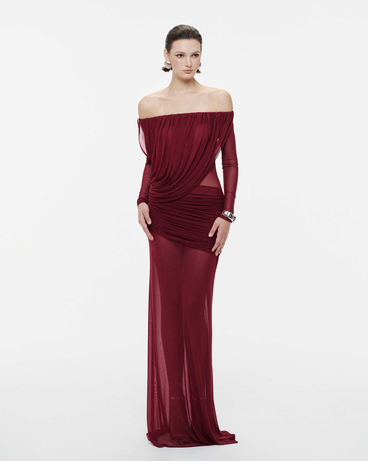 (PRE-ORDER) Off-Shoulder Draped Mesh Dress