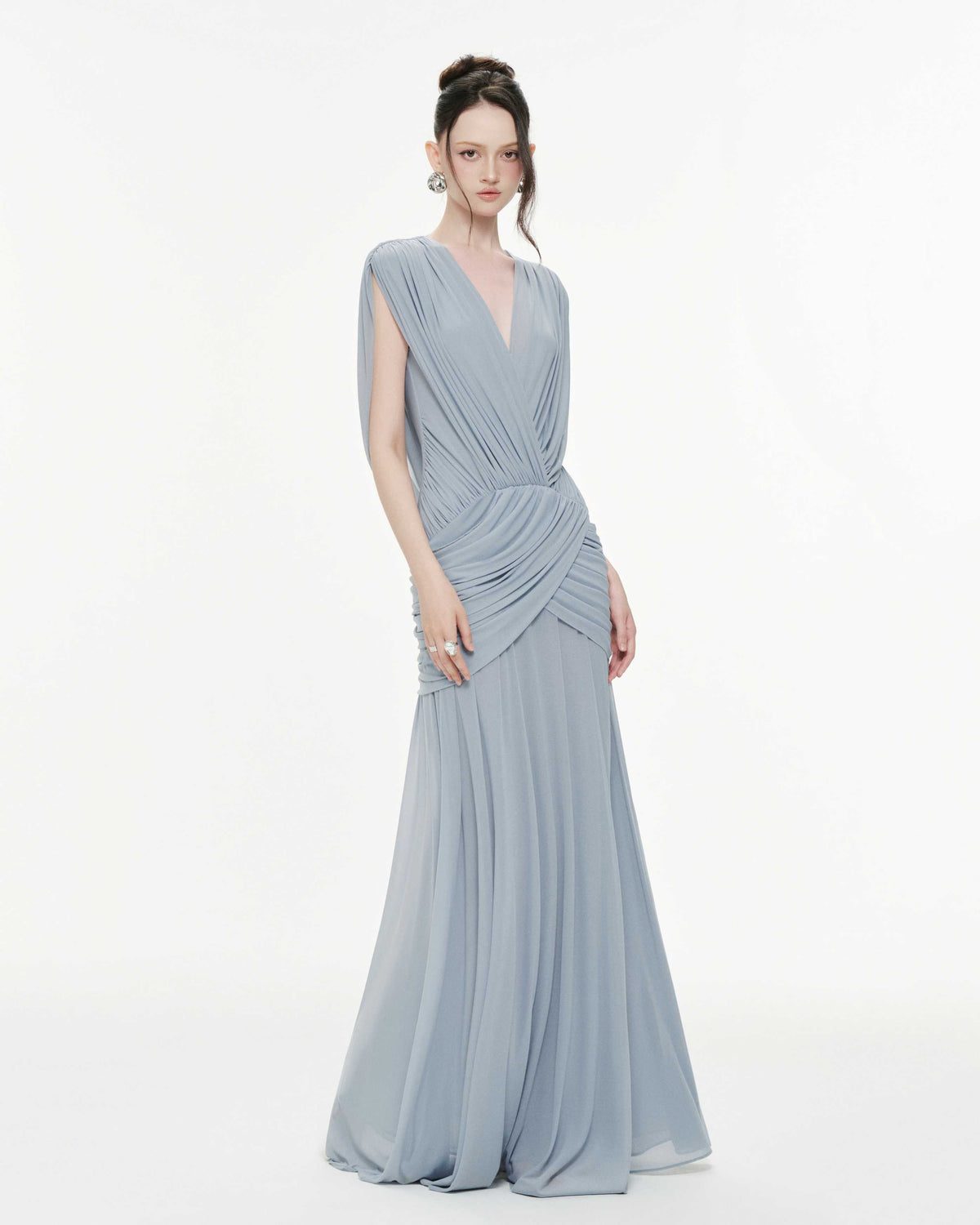V-Neck Ruched Stretch Mesh Dress