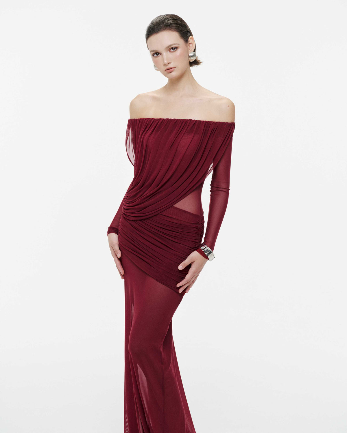 (PRE-ORDER) Off-Shoulder Draped Mesh Dress