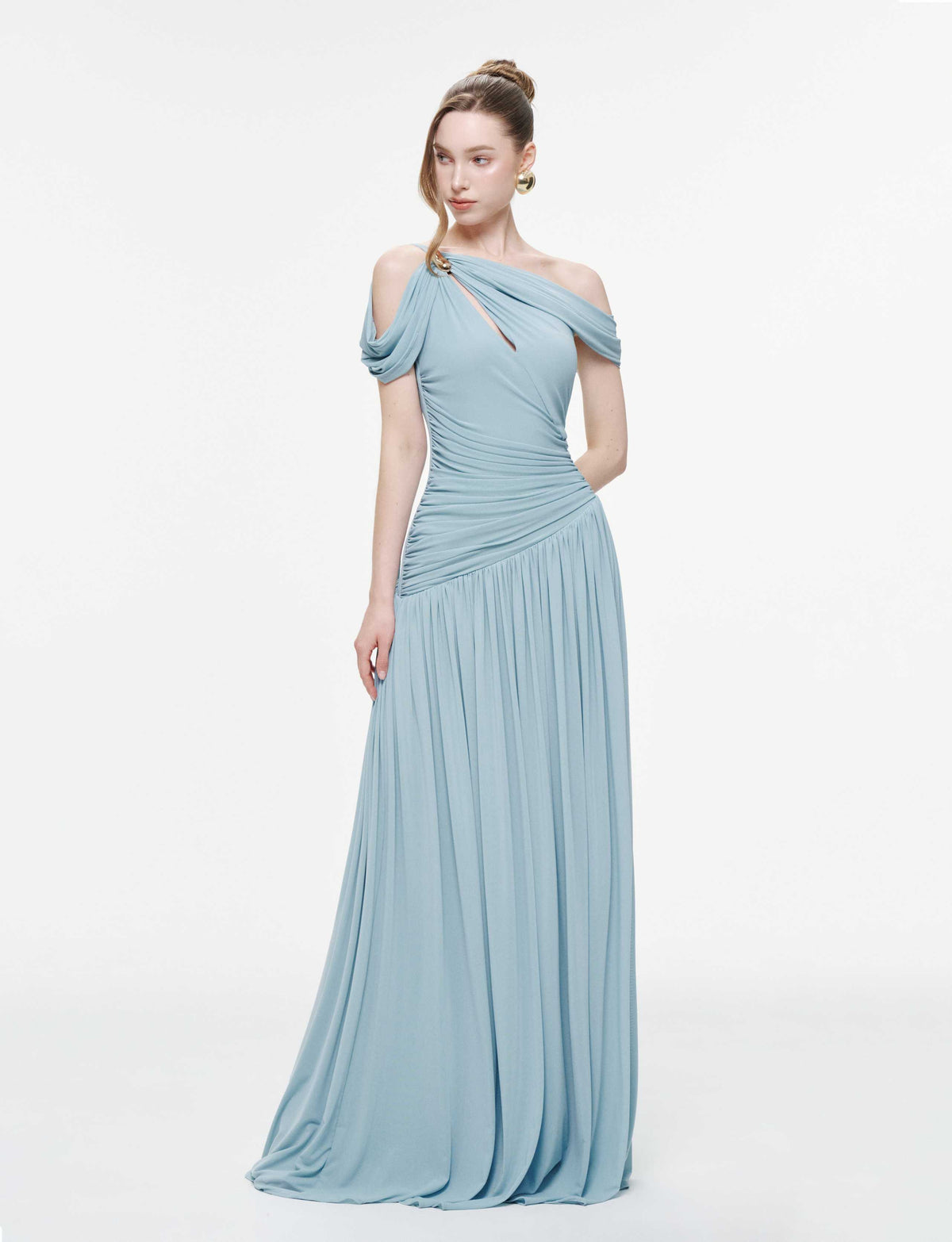 Draped Off-Shoulder Stretch Mesh Dress