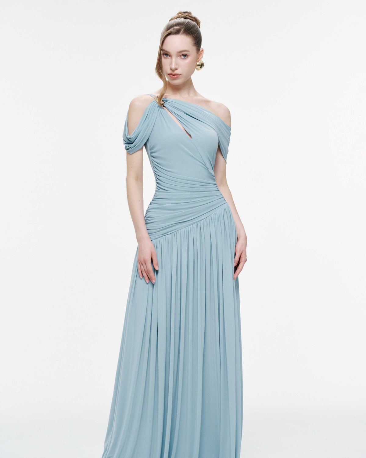 Draped Off-Shoulder Stretch Mesh Dress
