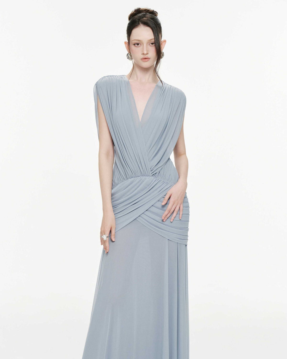 V-Neck Ruched Stretch Mesh Dress