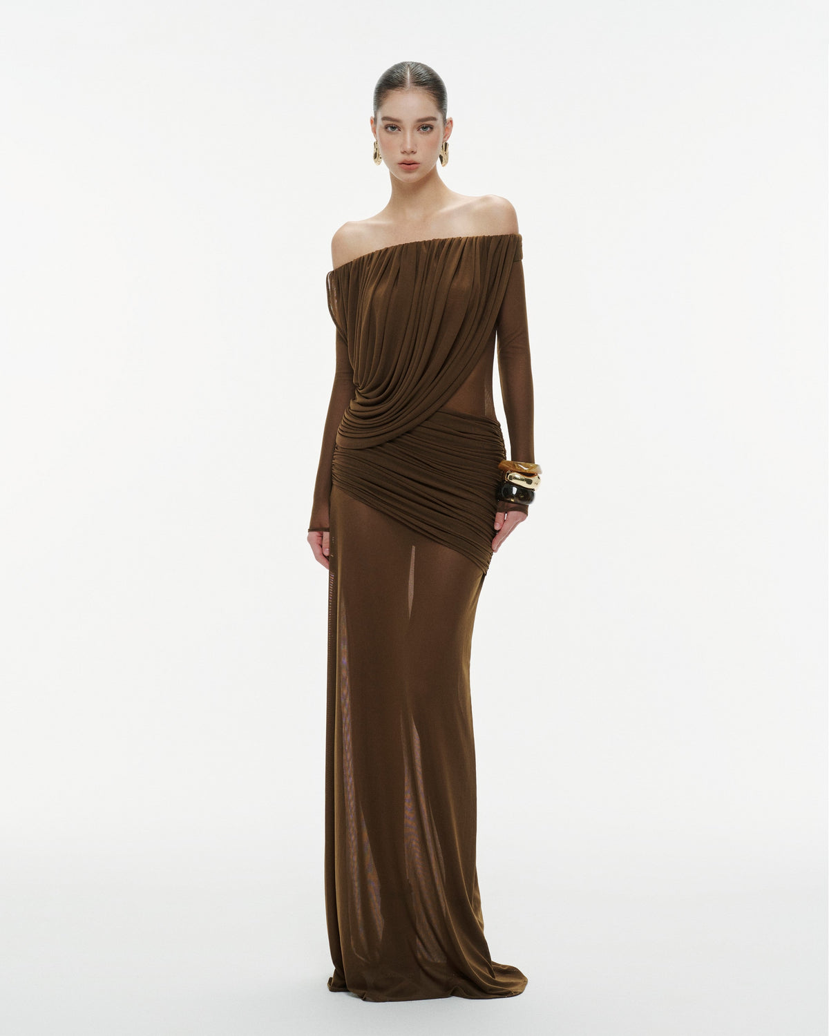 Off-Shoulder Draped Mesh Dress