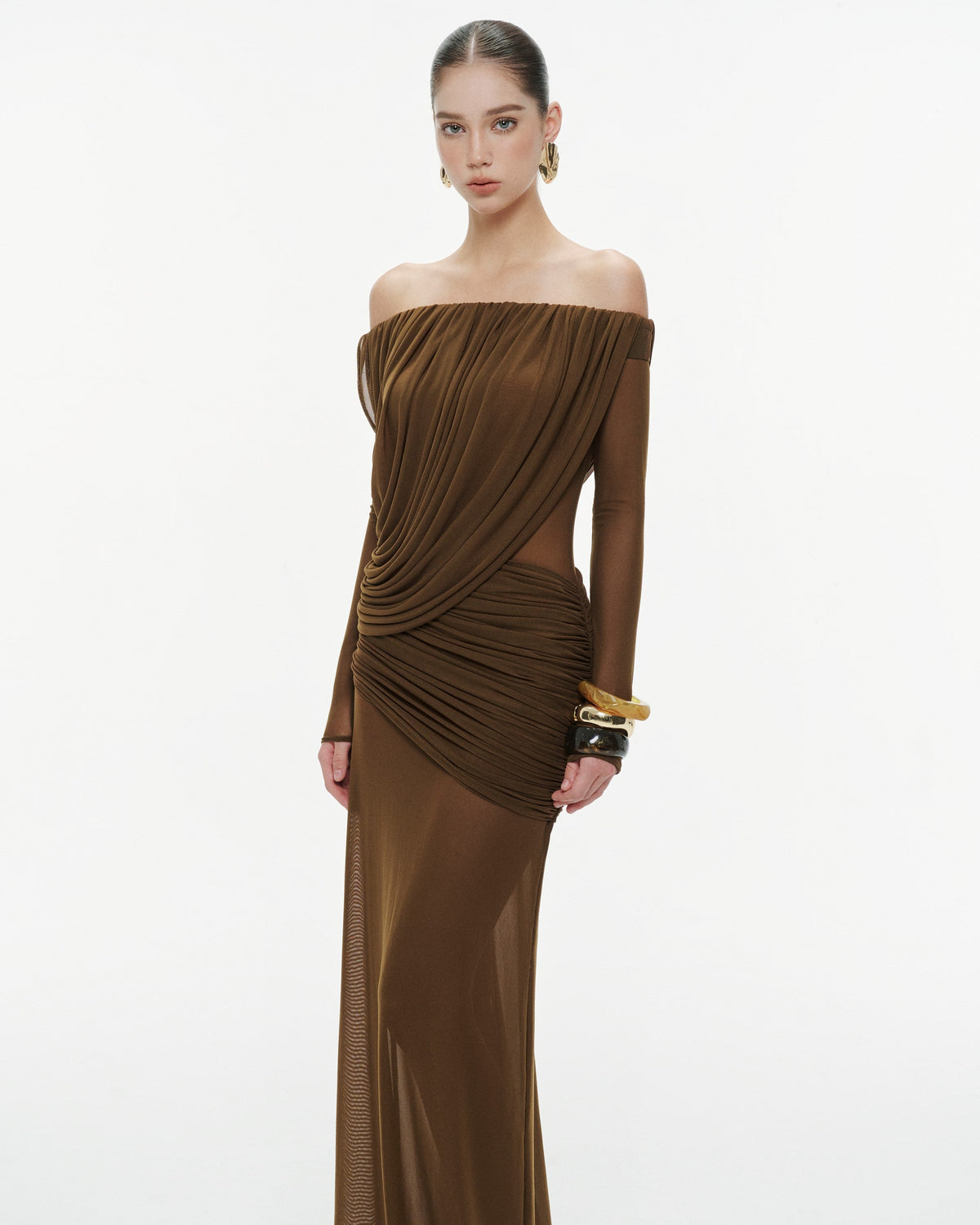 Off-Shoulder Draped Mesh Dress