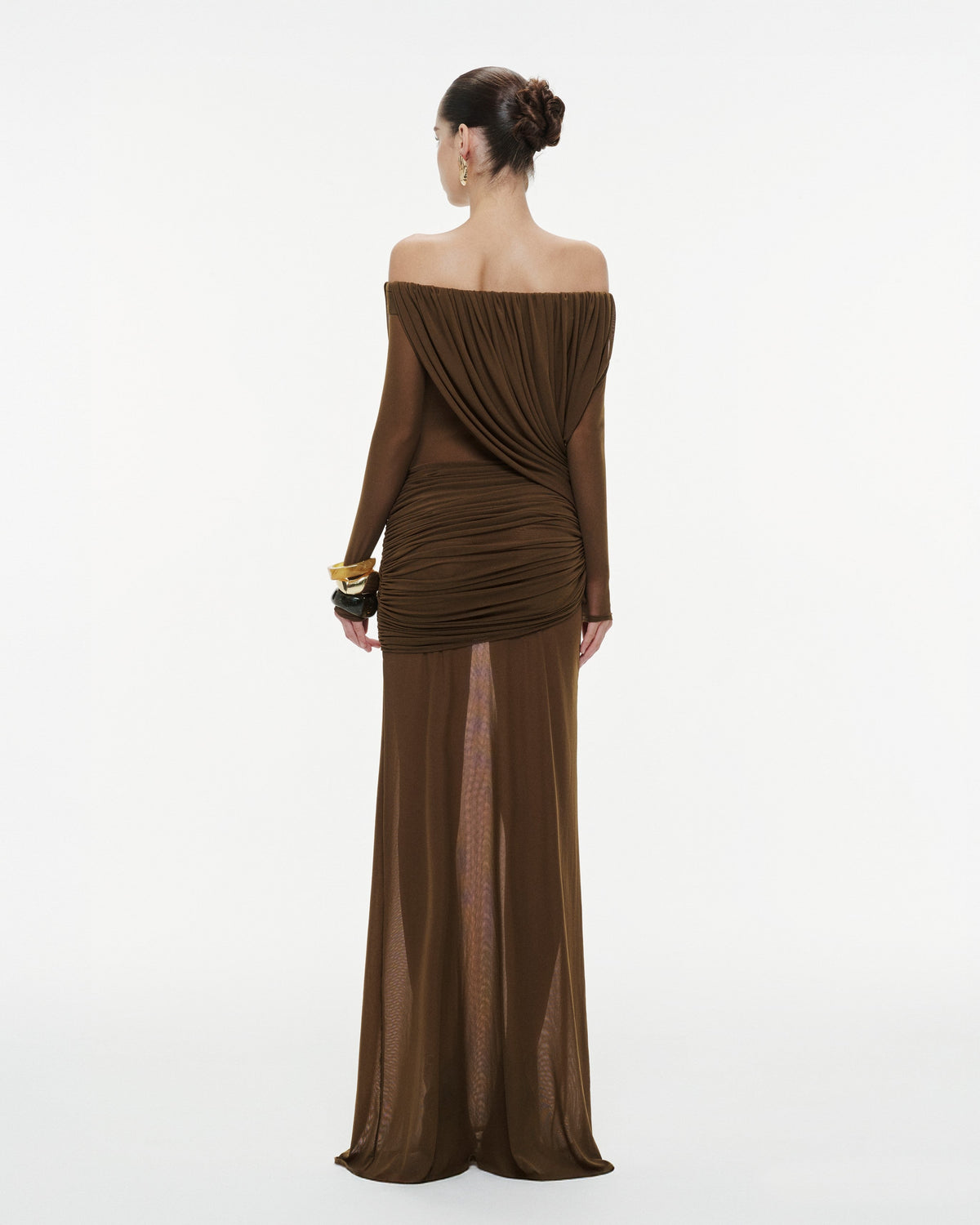 Off-Shoulder Draped Mesh Dress