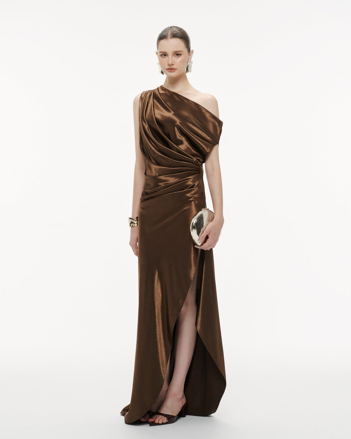 (PRE-ORDER) One-Shoulder Pleated Silk Dress