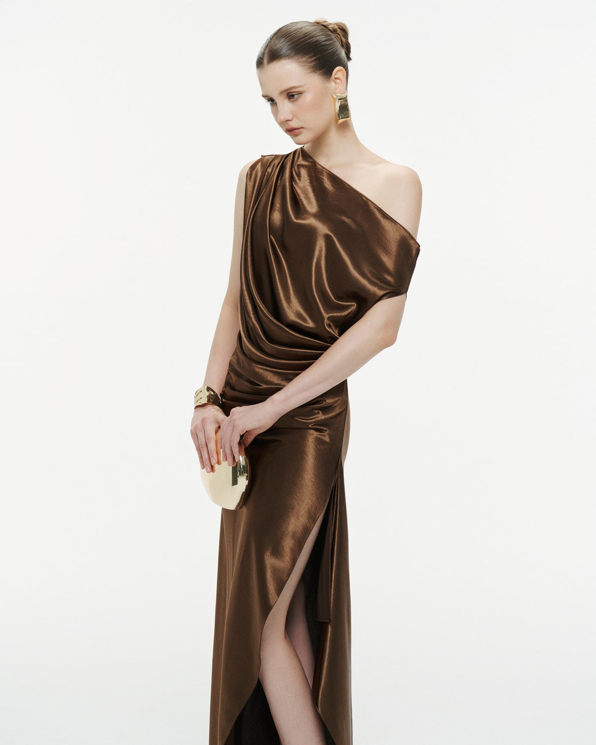 (PRE-ORDER) One-Shoulder Pleated Silk Dress