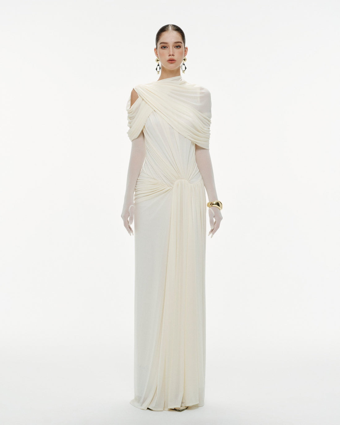 (PRE-ORDER) Draped Mesh Ruched Shoulder-Wrap Dress
