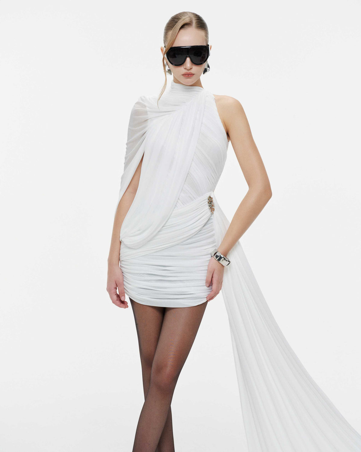 (PRE-ORDER) One-Shoulder Cape Ruched Asymmetric Dress