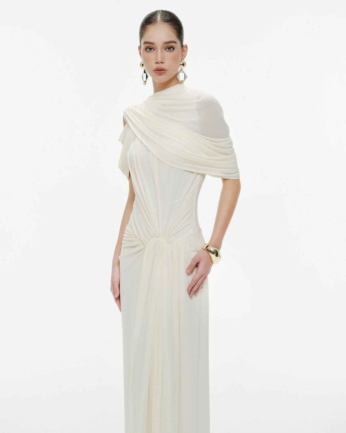 (PRE-ORDER) Draped Mesh Ruched Shoulder-Wrap Dress