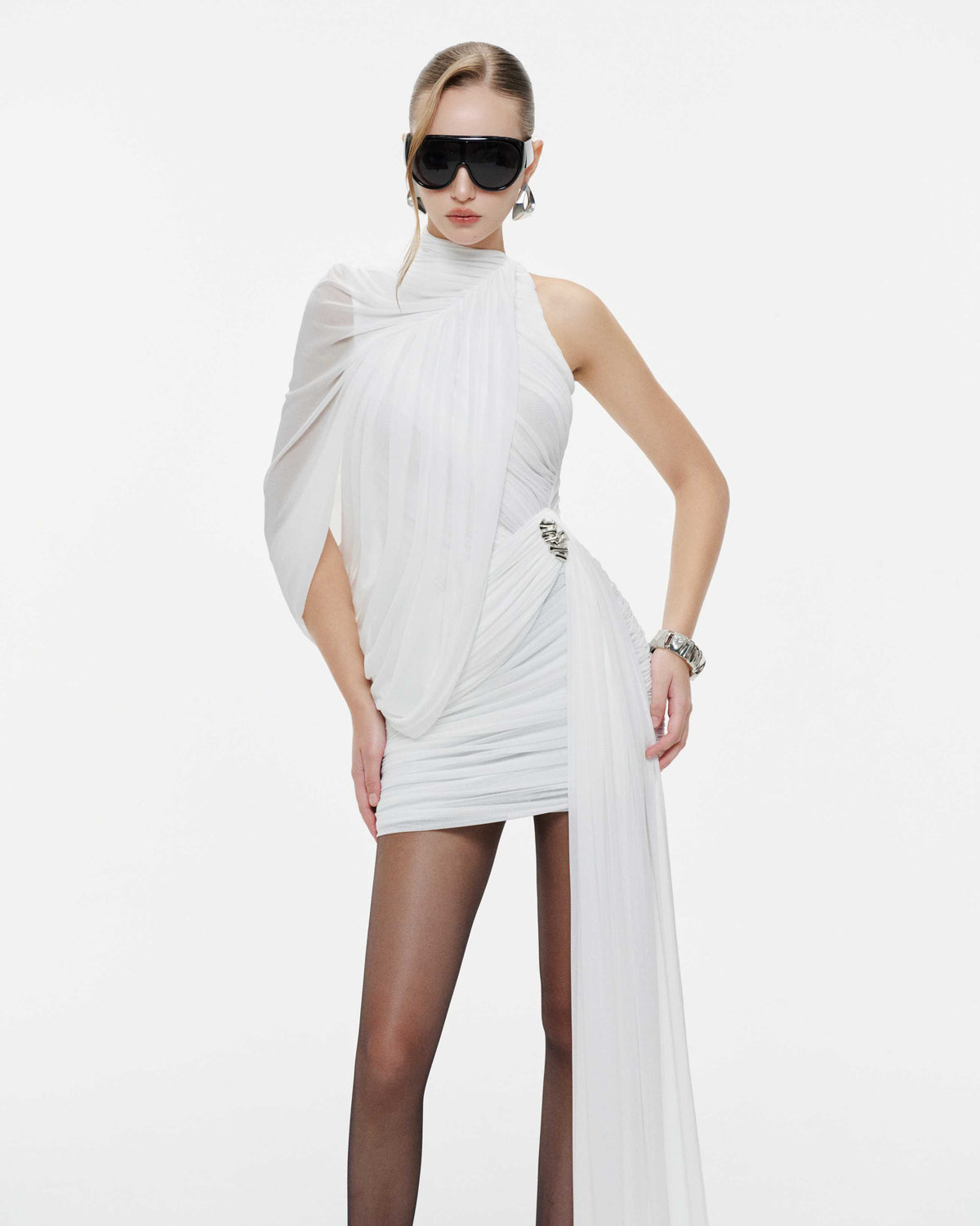 (PRE-ORDER) One-Shoulder Cape Ruched Asymmetric Dress