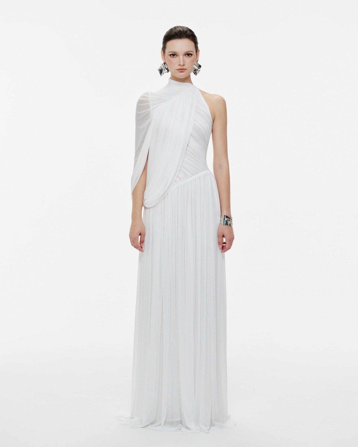 (PRE-ORDER) One-Shoulder Cape Ruched Flared Dress