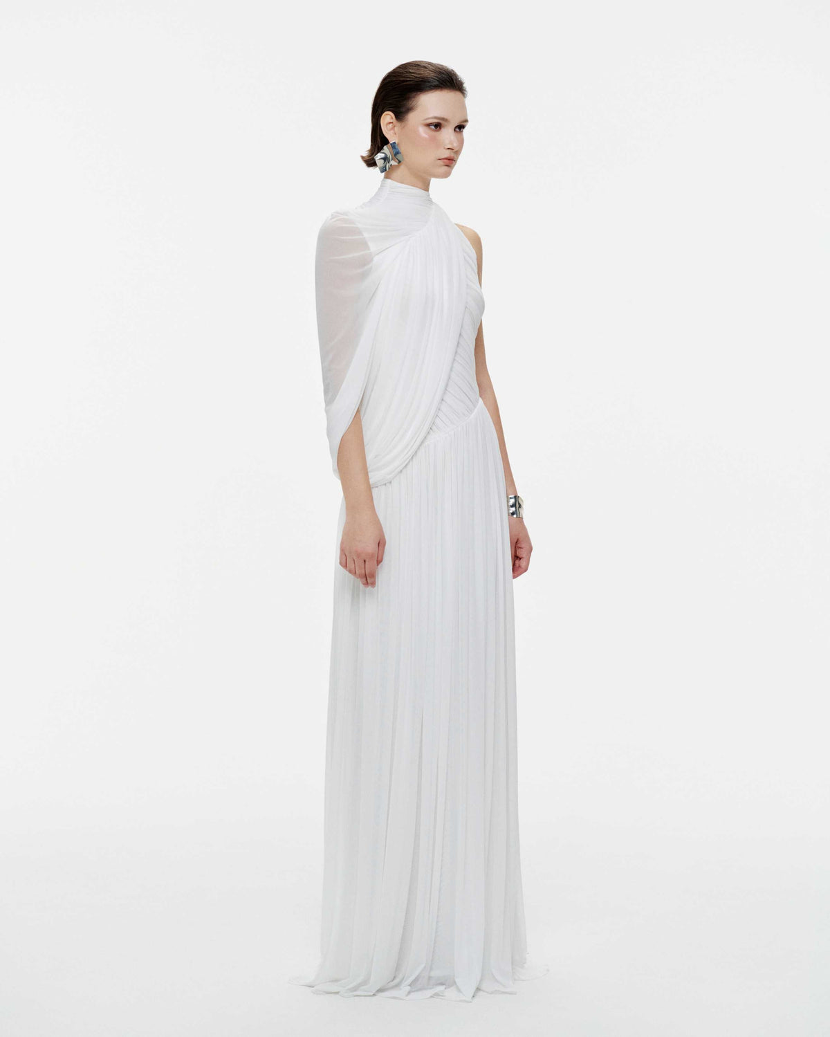 (PRE-ORDER) One-Shoulder Cape Ruched Flared Dress