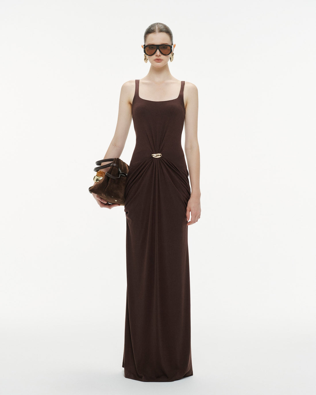 (PRE-ORDER) Brown Ruched Knit Dress With Gold Button