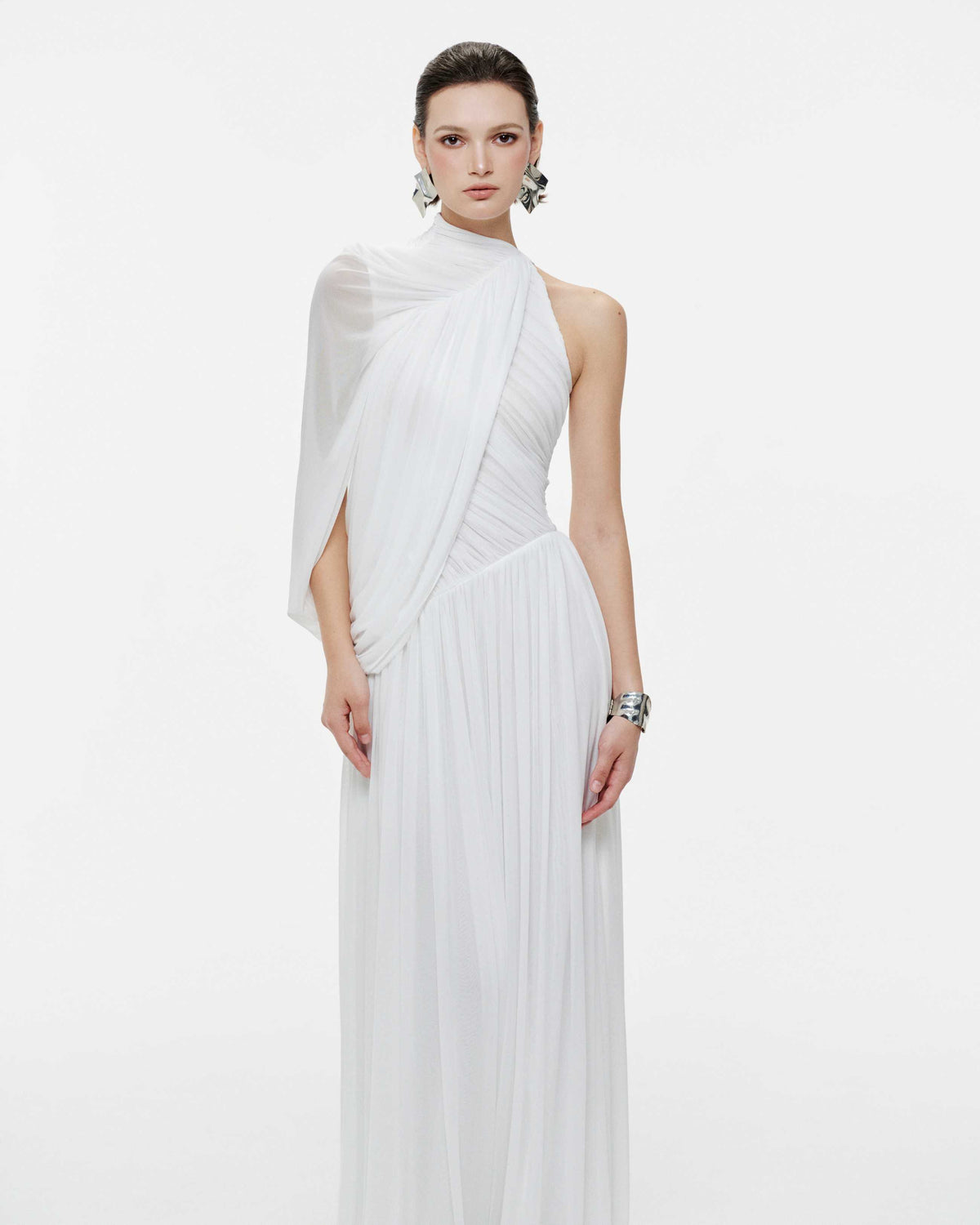 (PRE-ORDER) One-Shoulder Cape Ruched Flared Dress