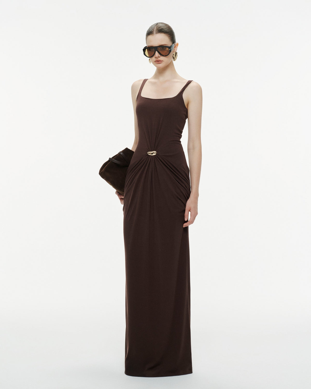 (PRE-ORDER) Brown Ruched Knit Dress With Gold Button