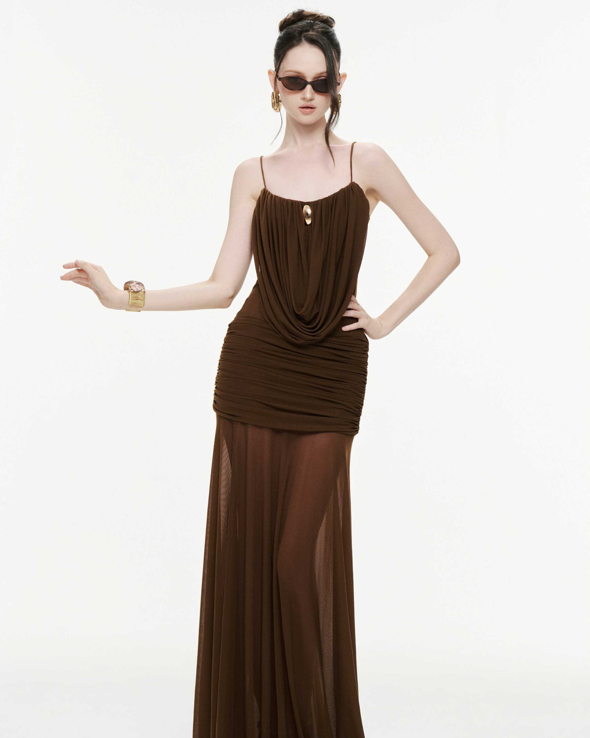 Cowl-Neck Ruched Stretch Mesh Gown