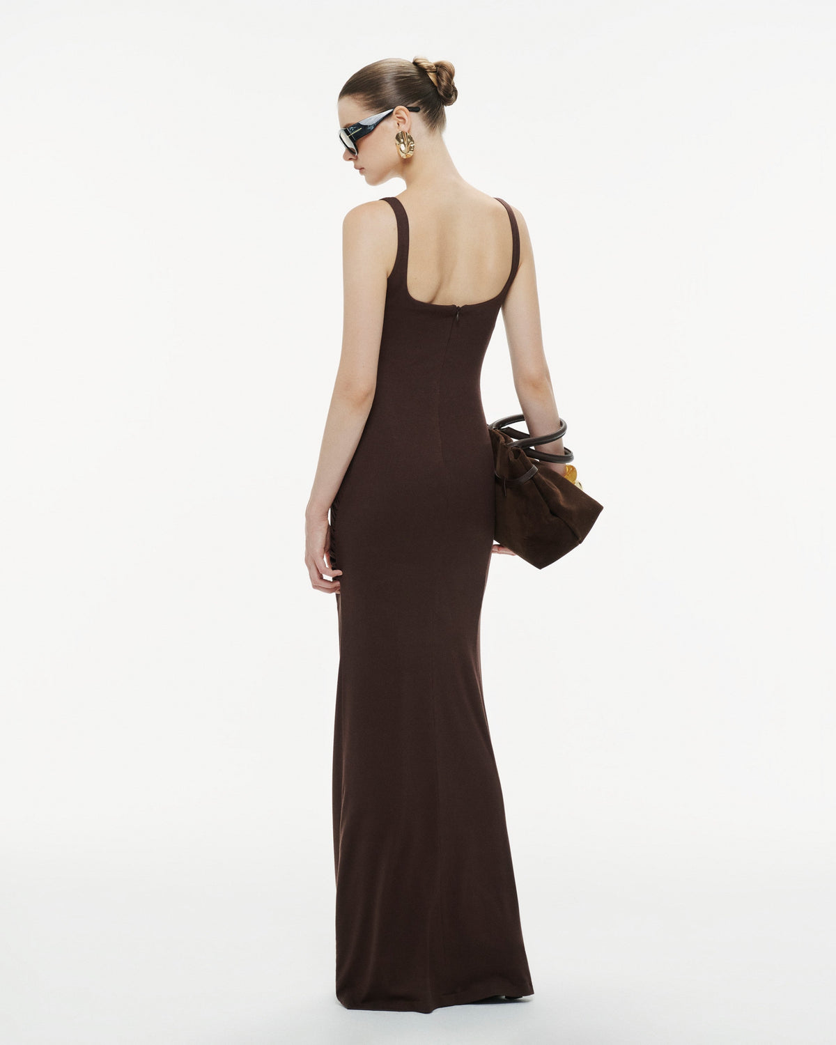 (PRE-ORDER) Brown Ruched Knit Dress With Gold Button