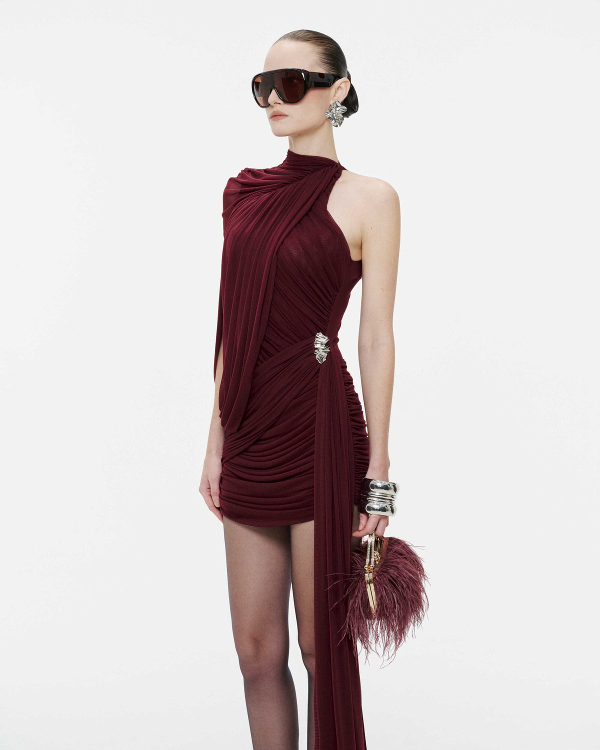 (PRE-ORDER) One-Shoulder Cape Ruched Asymmetric Dress