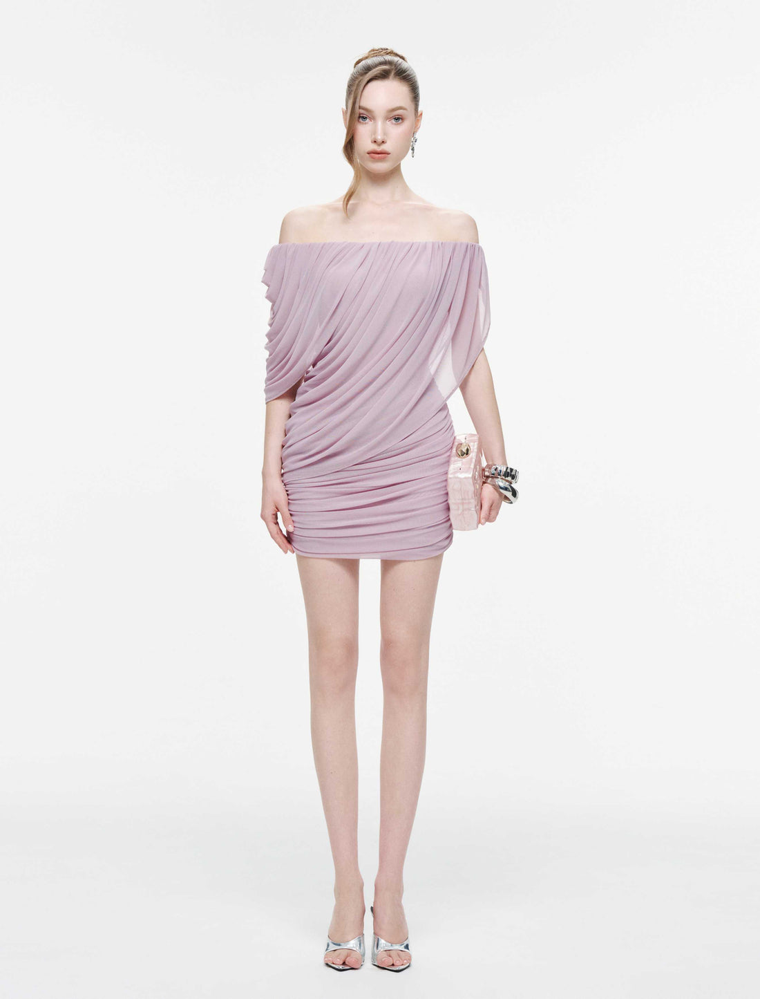 Off-Shoulder Asymmetric Draped Mini Dress