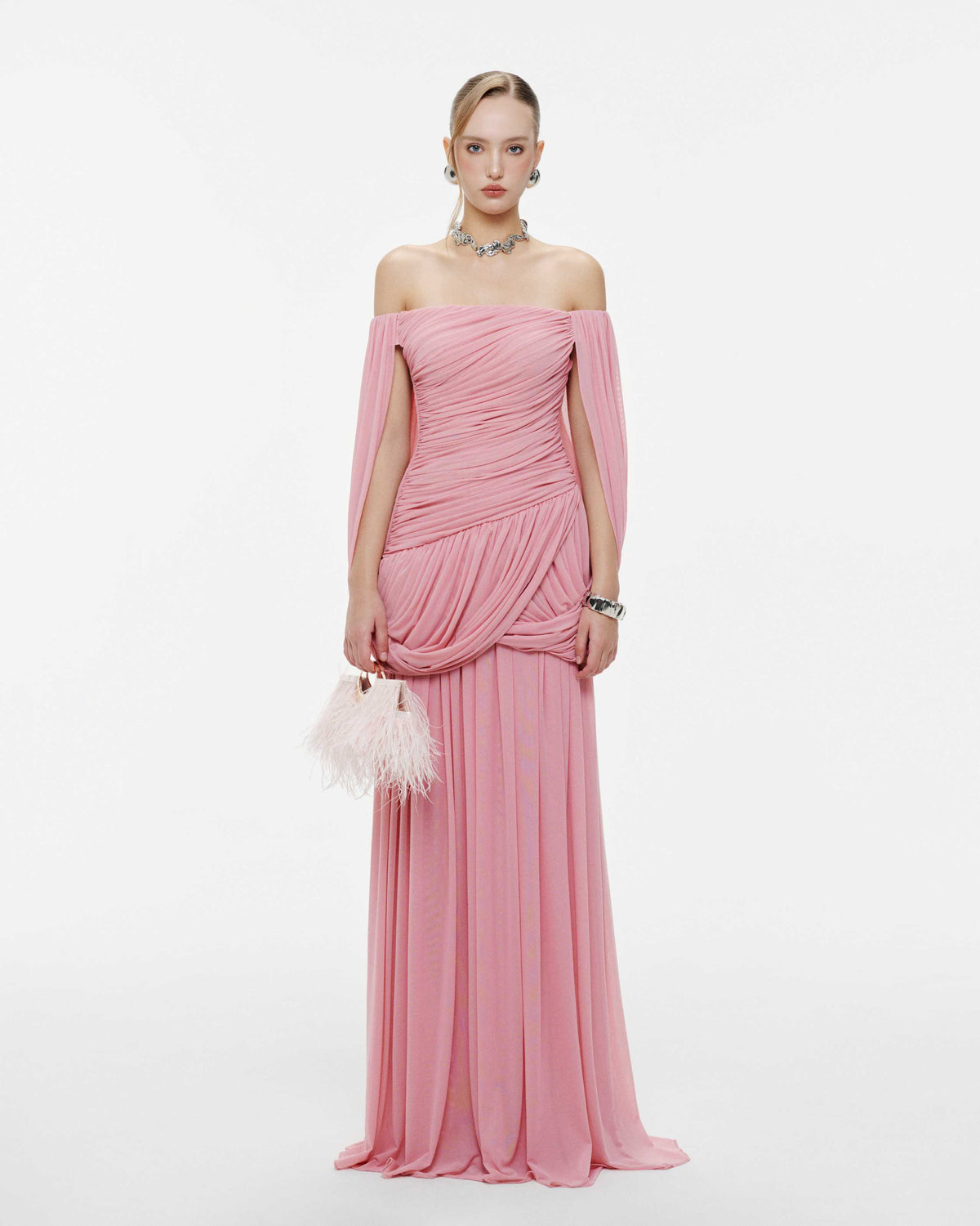 (PRE-ORDER) Off Shoulder Ruched Cape Dress