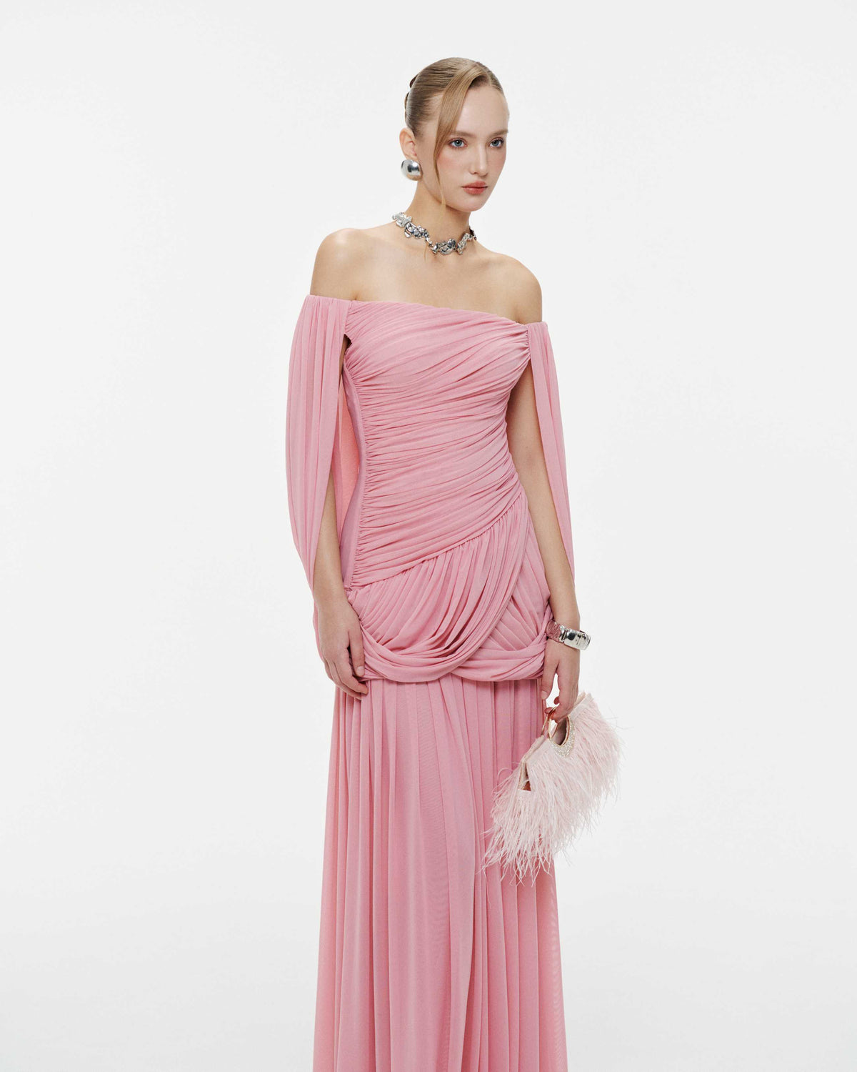 (PRE-ORDER) Off Shoulder Ruched Cape Dress