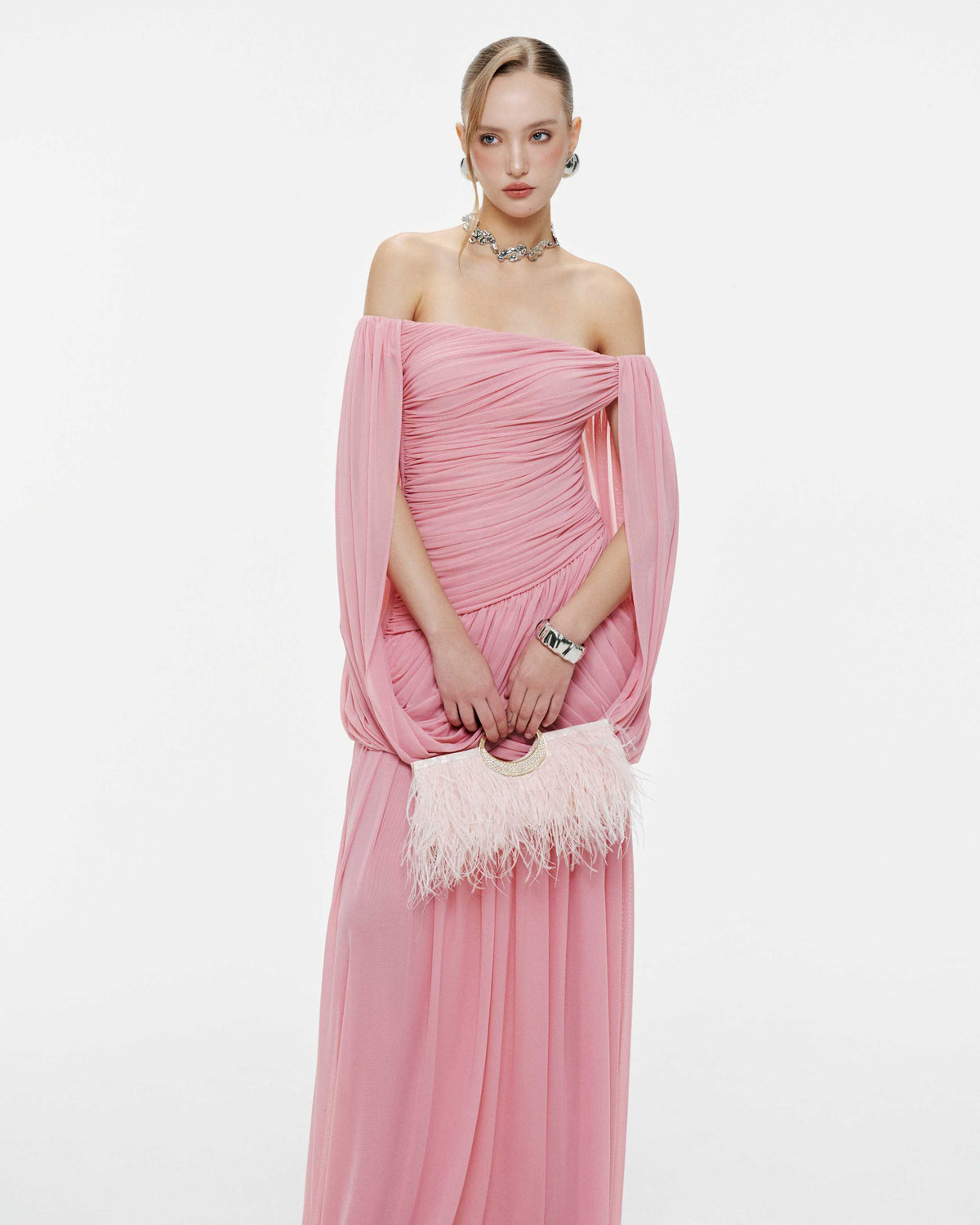 (PRE-ORDER) Off Shoulder Ruched Cape Dress