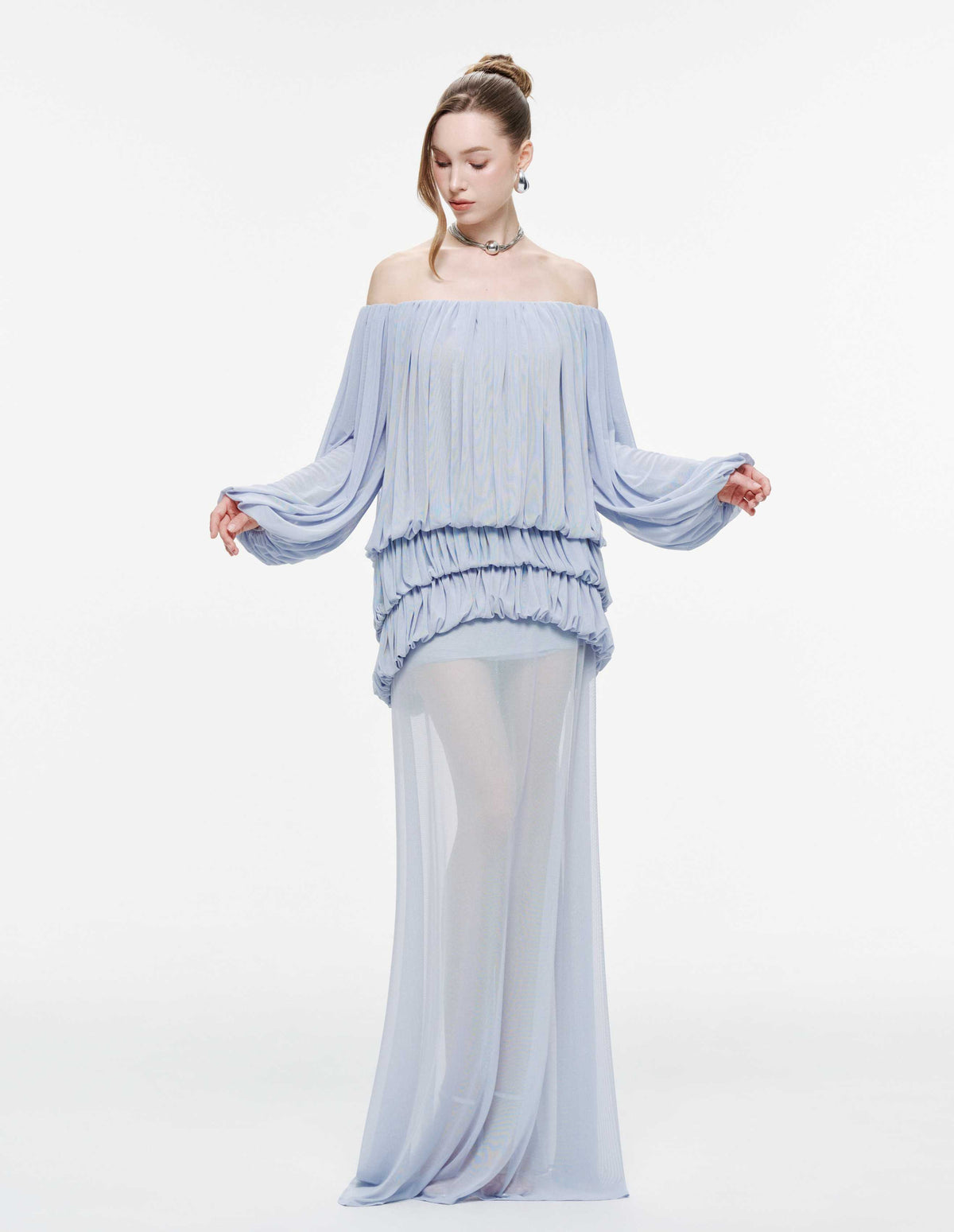 Off-Shoulder Ruched Stretch Mesh Set (Top & Skirt)