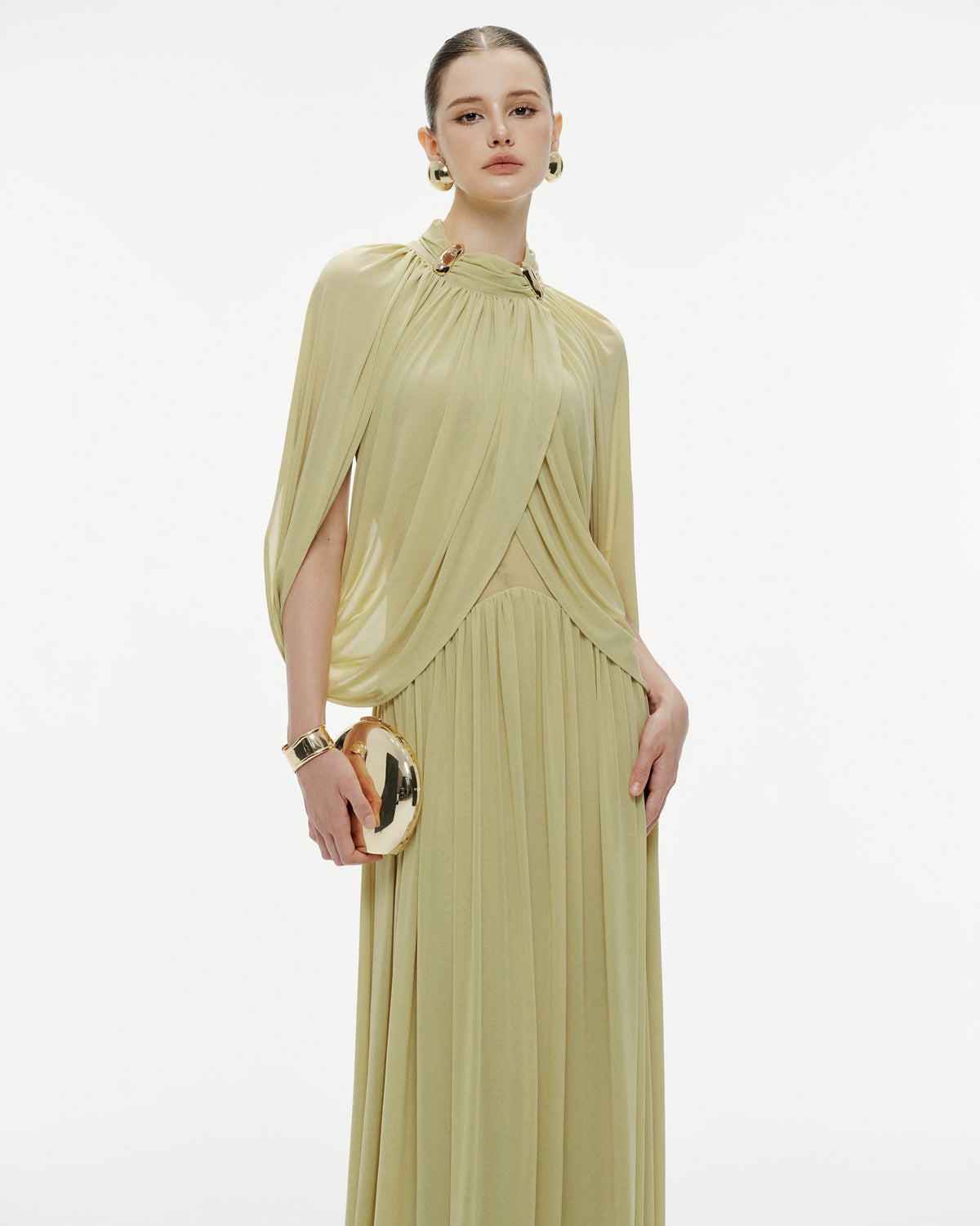 (PRE-ORDER) Light Pomelo Olive Mesh Knit Cape Dress