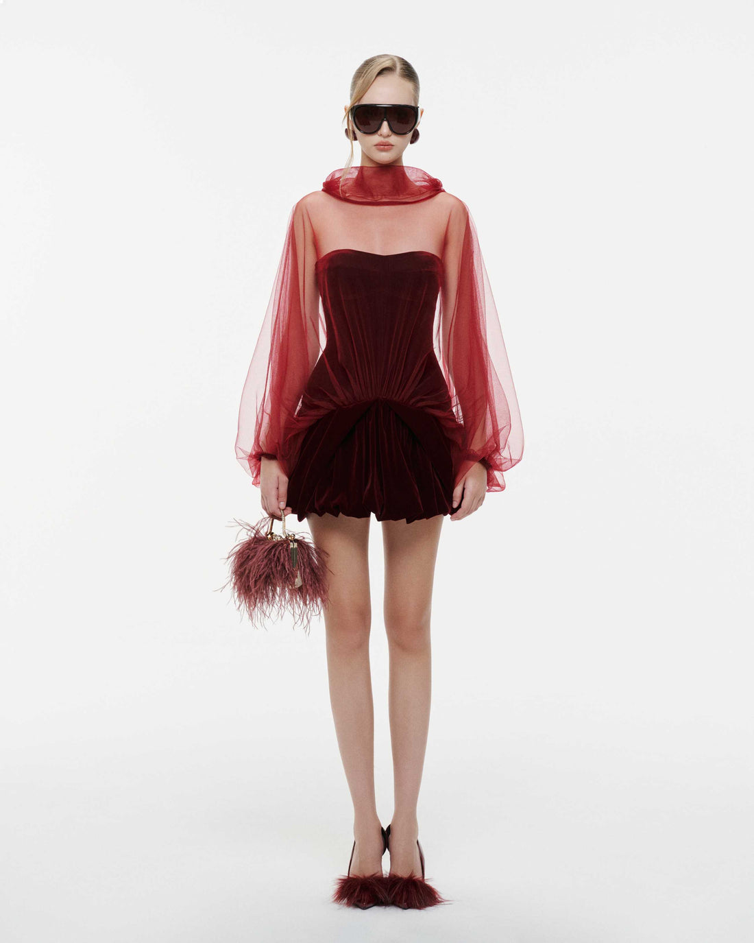 (PRE-ORDER) Red Velvet Panelled Cape Dress