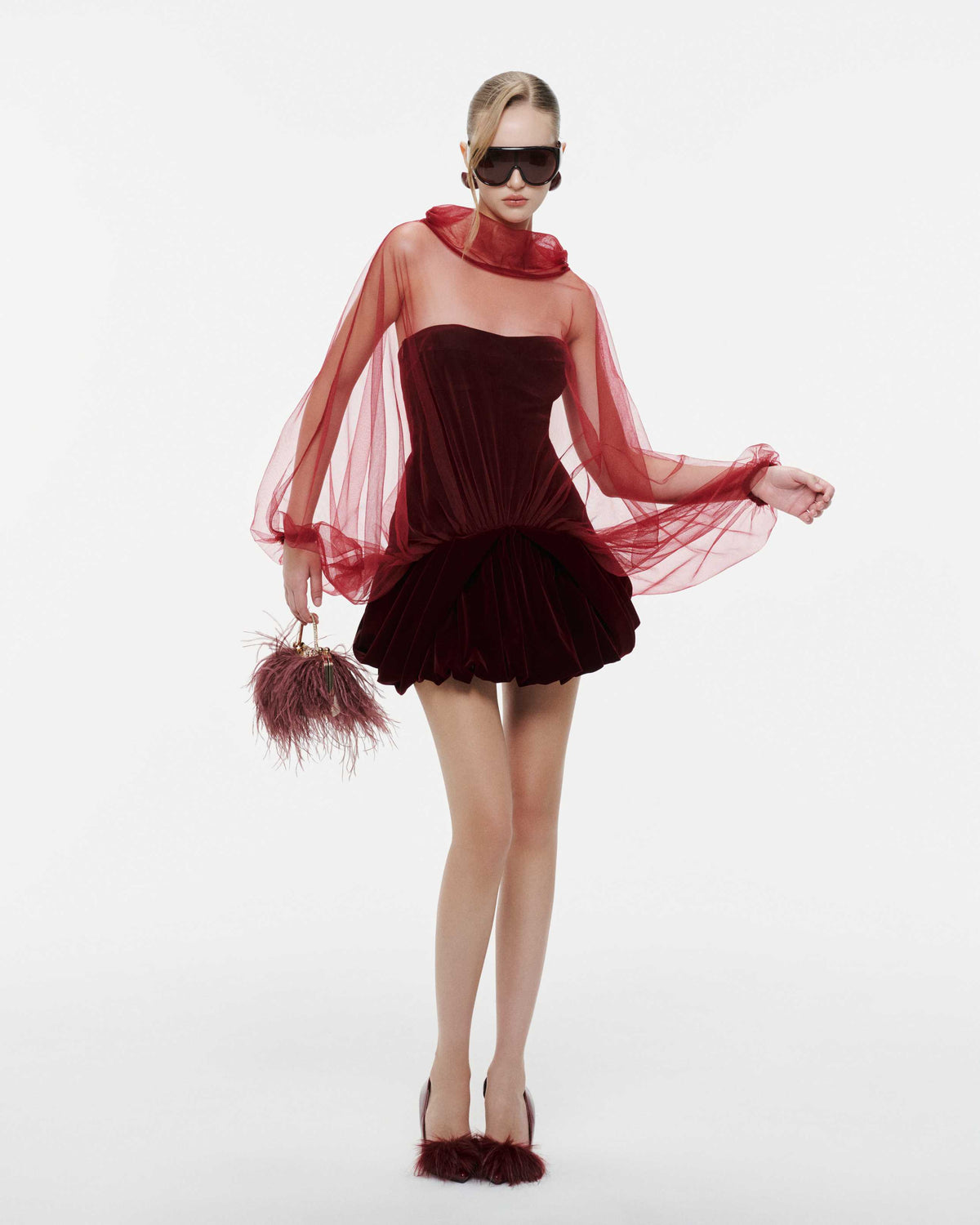 (PRE-ORDER) Red Velvet Panelled Cape Dress